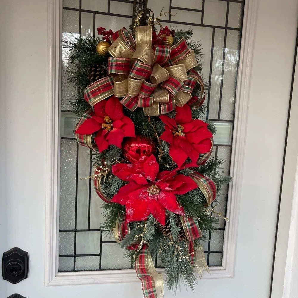 **Red Poinsettia Christmas Teardrop Swag Wreath Front door